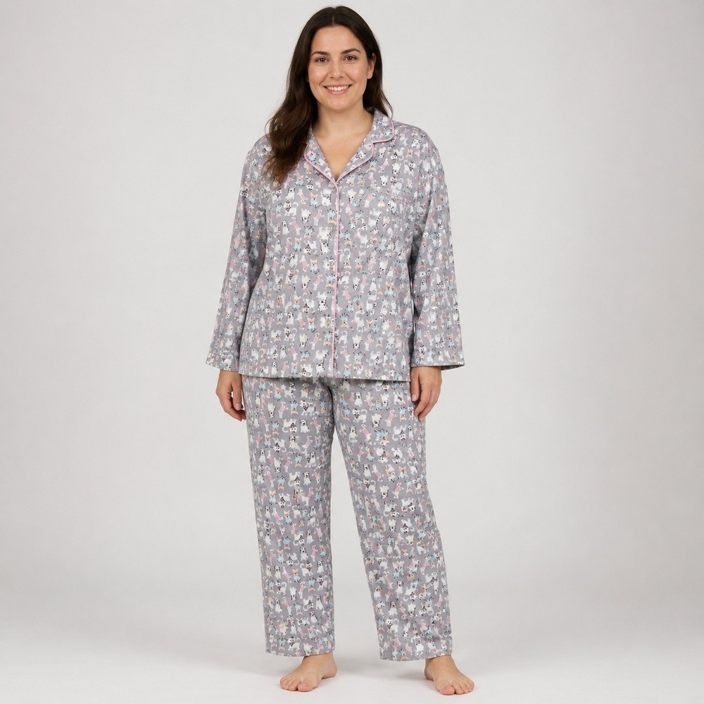 BH Bears Women's Pajama Set L Gray Dog Cat Print Pink Piping‎ Lounge